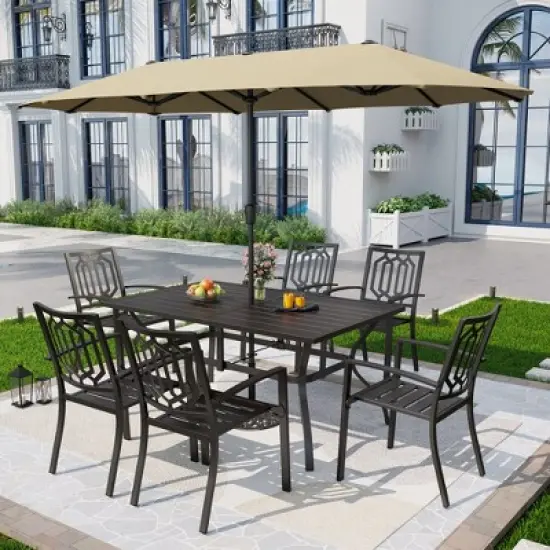 Captiva Designs 8pc Outdoor Rectangle Steel Dining Table & Stackable Metal Chairs & Beige Umbrella image {15}