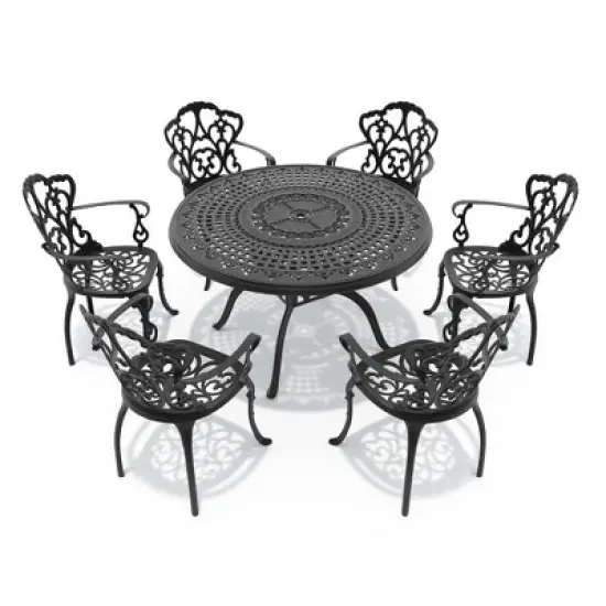 7-Piece Cast Aluminum Outdoor Dining Set with Beige Cushions, Round Table & Ergonomic Chairs - for Patio, Backyard image {2}