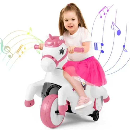 Costway 12V Kids Ride on Unicorn Toy w/ Training Wheels Music One-button Start Horse Toy image {11}