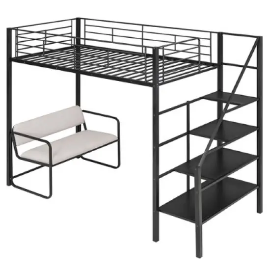 Twin Size Metal Loft Bed with Bench and Storage Staircase, Black-ModernLuxe image {6}