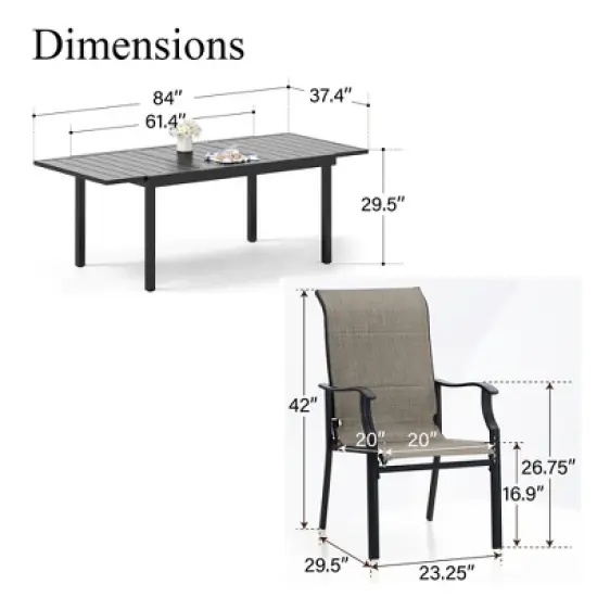 Captiva Designs 7pc Patio Dining Rectangular Black Steel Table & High Back Padded Grayish Brown Sling Armrest Chairs image {11}