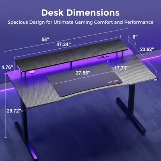 GTRACING 55 Inch Gaming Desk with LED Lights & Power Outlet, Computer Gamer Desk with Monitor Stand, Headphone Hook & Mouse Pad image {6}