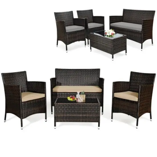 Costway 4PCS Patio Wicker Furniture Set Sofa Chair with Brown & Grey Cushion Covers Garden image {10}