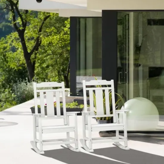 Outsunny 2 Pc Outdoor Rocking Chair, Traditional Slatted Porch Rocker with Armrests, Waterproof HDPE, Light Gray image {2}