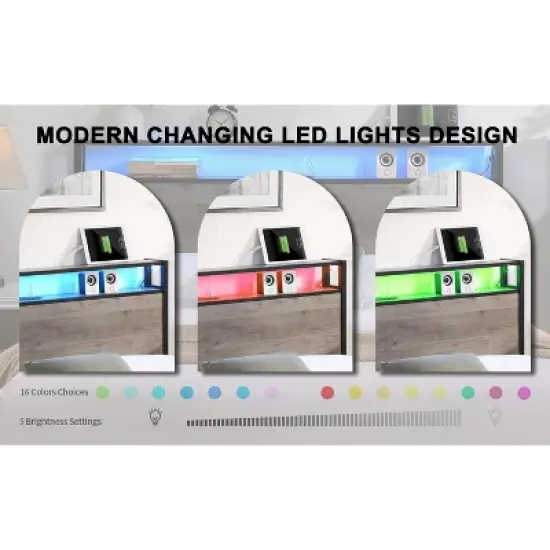 Okak Platform Bed Frame with Storage Headboard Bed with Charger Station and LED Light No Box Spring Needed Noise-Free Metal Slats image {3}