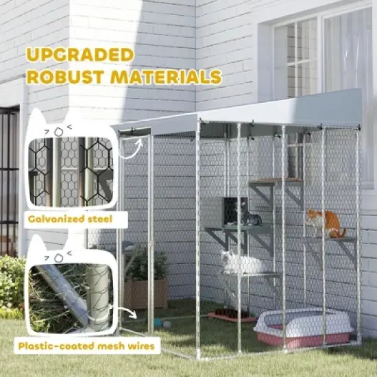 PawHut Large Catio Outdoor Cat Enclosure, Galvanized Steel Outdoor Cat House with 420D Waterproof Canopy for 1-3 Large Cat, Walk-in Cat Cage, Silver image {4}