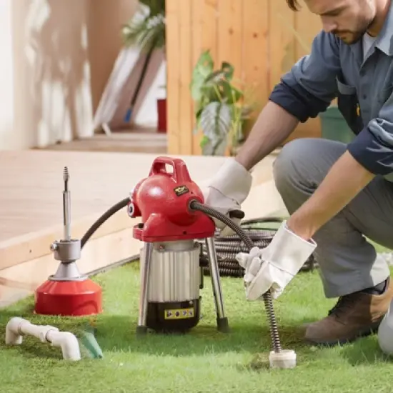 VEVOR Drain Cleaner Machine 120FT x 5/8 Inch, 370W Electric Sewer Snake Auger Manual Feed - with 2 Sectional Steel Cables, Red image {1}