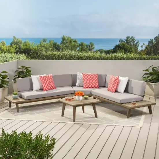 Christopher Knight Home Adelia Outdoor V-Shape Acacia Wood 5 Seater Sectional Sofa Set with Cushions image {11}
