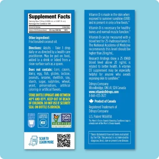 Ddrops Liquid Vitamin D3 Drops 1000 IU (25 mcg) - 180 drops - 0.17 fl oz image {6}