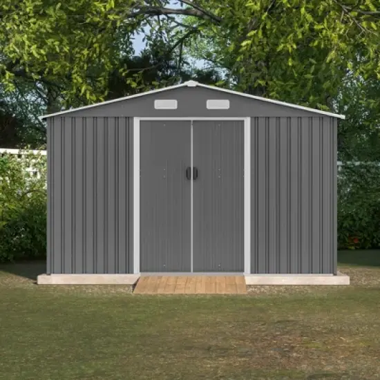 10X8 FT Outdoor Storage Shed, Metal Foundation & Lockable Doors, Tool Shed for Garden, Patio, Backyard, Lawn, Grey image {12}