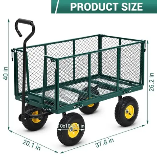 Heavy Duty Steel Garden Cart,550 LBS Capacity 3-in-1 Pullable Metal Wagon with 10" Pneumatic Wheels,180&deg;Rotating Handle & Removable Sides, Green image {1}