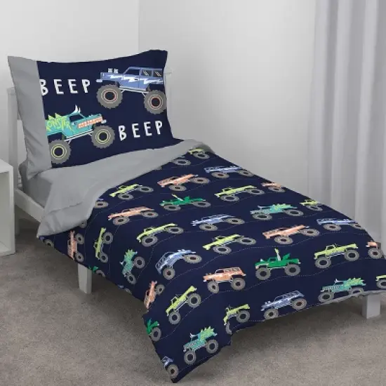 Carter's Monster Truck 4 Piece Toddler Bed Set - Comforter, Fitted Bottom Sheet, Flat Top Sheet, Standard Pillowcase, Navy and Grey image {8}
