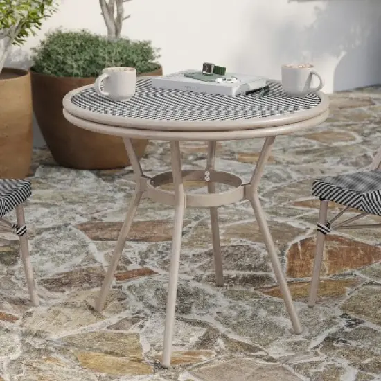 Merrick Lane Mael Bistro Style Table with Tempered Glass Top, Textilene, and Bamboo Finished Metal Frame for Indoor/Outdoor Use image {1}