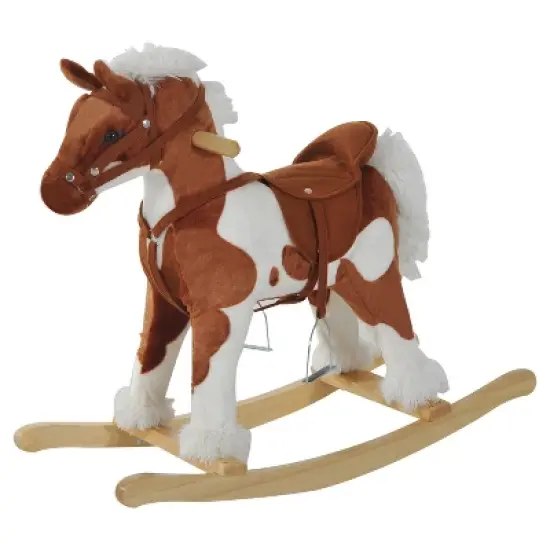 Qaba Kids Plush Ride-On Toy Rocking Horse Toddler Plush Animal Rocker with Nursery Rhyme Music - Light Brown / White image {3}