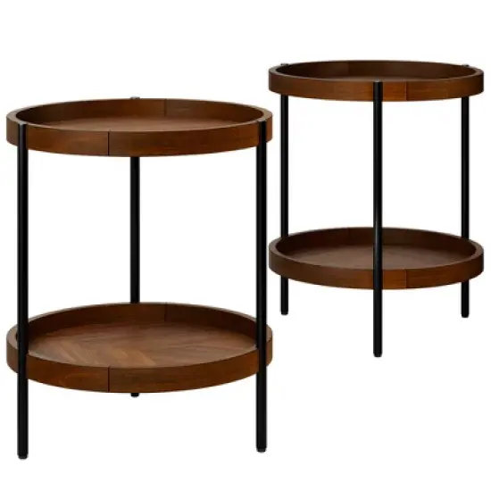 Costway 2-tier Round Side End Table Storage Shelf Rubber Wood Accent Nightstand image {10}