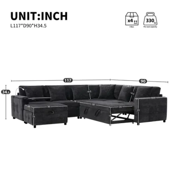 Whisen Chenille Sectional Pull-Out Sofa Bed with Flip-Up Table, Adjustable Reading Lamp, Charging Ports, Movable Storage Ottoman image {12}