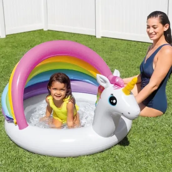 Intex 57113EP 50 Inch Unicorn Design Outdoor 1 to 3 Years Old Baby Swimming Pool with Soft Floor Bottom and Built In Sunshade, Multicolor image {2}