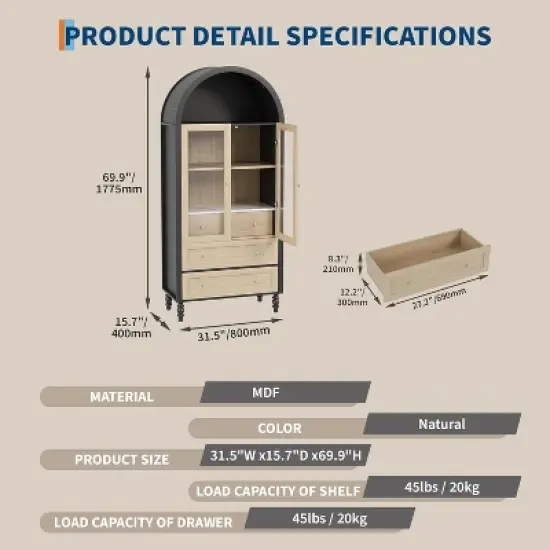 CuisinSmart 70'' Arched Cabinet with Glass Doors, 3 Storage Drawers & Adjustable Shelf, Freestanding Wooden Pantry Cabinet for Living Room, Bedroom image {1}