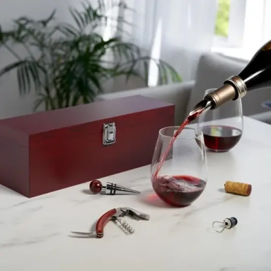 True Cherry 1-Bottle Wine Accessories Gift Set | Premium Corkscrew Opener Kit, Drip Ring, Wine Pourer, Stopper in Wood Case with Padded Insert, Brown image {1}