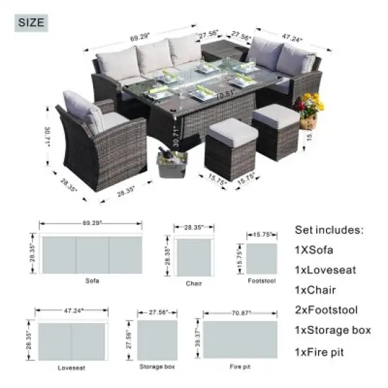 Moda Furnishings 6 - Person Wicker Patio Dining Set with Rectangular Table, Cushions Included image {3}