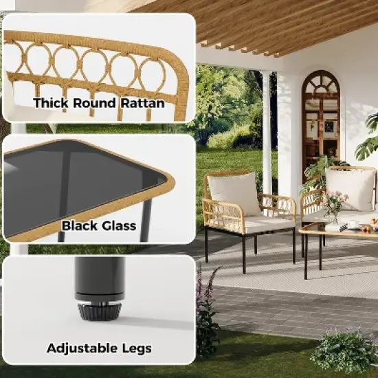 4-Piece Outdoor Patio Furniture Set, All-Weather PE Rattan Wicker Loveseat & Chairs with Glass Coffee Table & Steel Frame, Boho Conversation Set image {2}