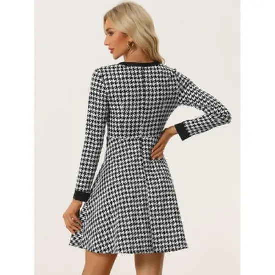 Allegra K Women's Houndstooth Plaid Contrast Color Crew Neck Button Front Elegant A-Line Dress image {3}