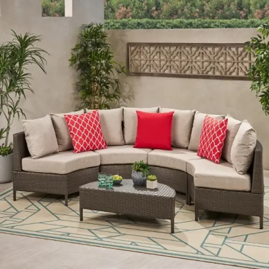 Christopher Knight Home Harper Outdoor Wicker 4 Seater Semi-Circle Sectional Sofa Set with Water-Resistant Cushions image {11}