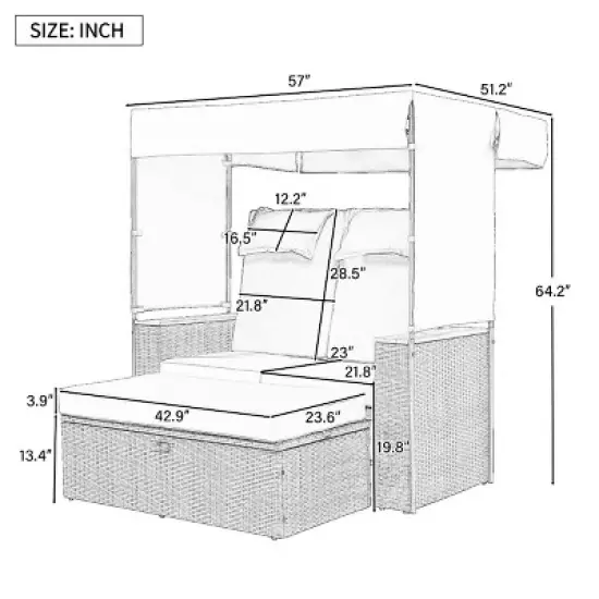 Outdoor Patio Rattan Daybed, 2 Pcs Daybed with Adjustable Backrests and Roof, Loveseat Bench Lounge with Cushions and Pillows-Coolbibila image {3}