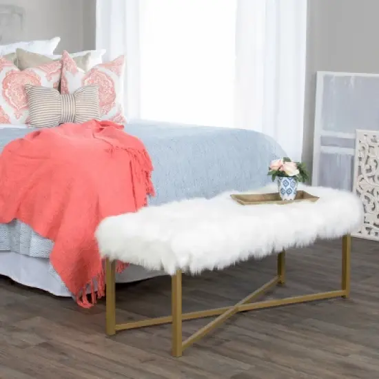 Faux Fur Rectangle Bench White - HomePop image {2}