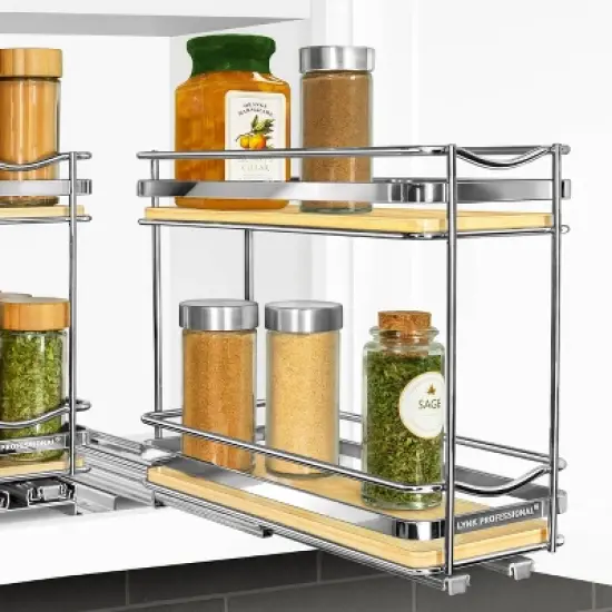 Lynk Professional Slide Out Vertical 4.25" Double Metal/Wood Spice Rack Silver: Pull Out Kitchen Organizer, Cupboard Mount image {1}