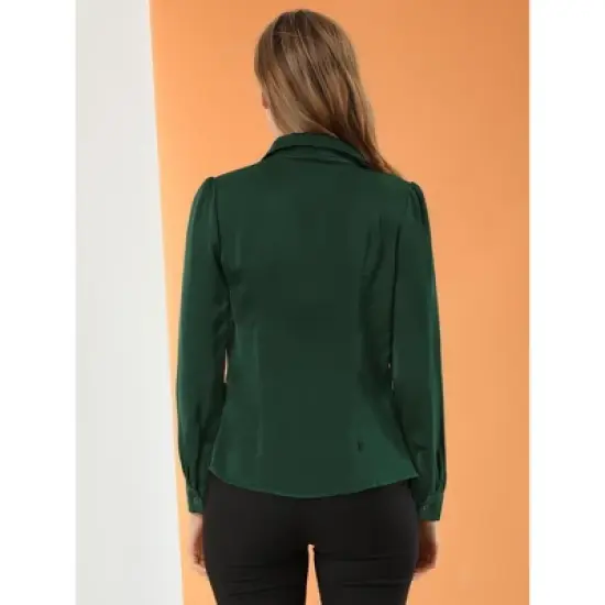 Allegra K Women's Elegant Collar V Neck Long Sleeve Work Office Satin Button Down Shirt image {4}
