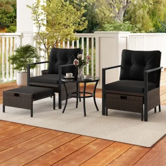 Costway 5 PCS Outdoor Furniture Set Rattan Chairs & Ottomans with Glass Topped Coffee Table Off White/Black/Navy/Gray image {3}