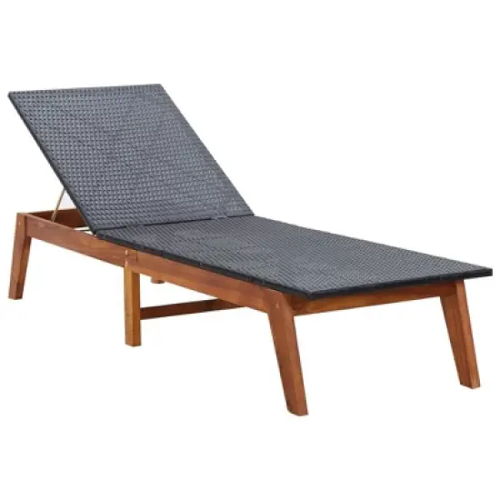 vidaXL Sun Lounger with Cushion-Poly Rattan and Solid Acacia Wood, Adjustable Backrest, Ideal for Patio/Garden/Poolside, Water-Resistant, Easy Clean. image {2}