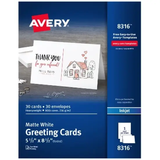 Avery Printable Greeting Cards with Envelopes, Half-Fold, 5.5" x 8.5", Matte White, 30 Blank Greeting Cards for Inkjet Printers (8316) image {7}