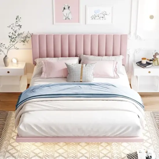 Floating Queen Platform Bed Frame, Headboard Velvet, No Box Spring Needed Upholstered Queen Bed Frame for Bedroom image {2}