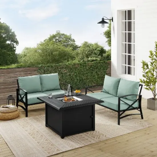 Kaplan 3pc Outdoor Conversation Set with Fire Table & 2 Loveseats - Mist - Crosley image {4}