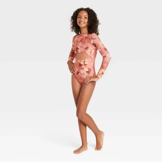 Girls' Island Floral One Piece Rash Guard - art class&trade; Brown image {2}