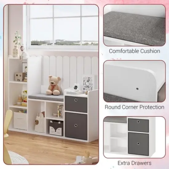Kids Bookshelf, Children Bookcase with Soft Cushion Seat &ndash; Children&rsquo;s Toy Storage Cubby & Reading Nook, 44.1" Kids Storage Cabinet for Playroom image {4}