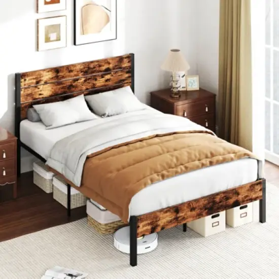 Costway Twin/Full/Queen/King Bed Frame with Tall Industrial Headboard Heavy-Duty Metal Slats Support Brown image {11}