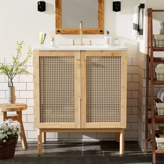 Whisen 30" Bathroom Vanity with Handmade Rattan Doors & Soft-Closing Mechanisms image {17}
