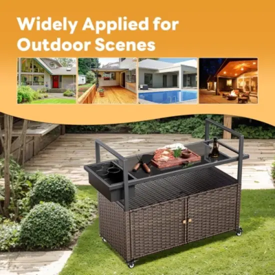 Buenhomino Patio Bar Table,Outdoor Kitchen Island with Glass Top,Rattan Patio Storage Cabinet with Wheels,Bar Cart for Poolside and Backyard image {8}