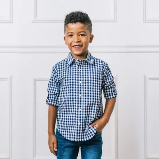 Hope & Henry Boys' Long Sleeve Stretch Poplin Roll-Up Button Down Shirt, Kids image {3}