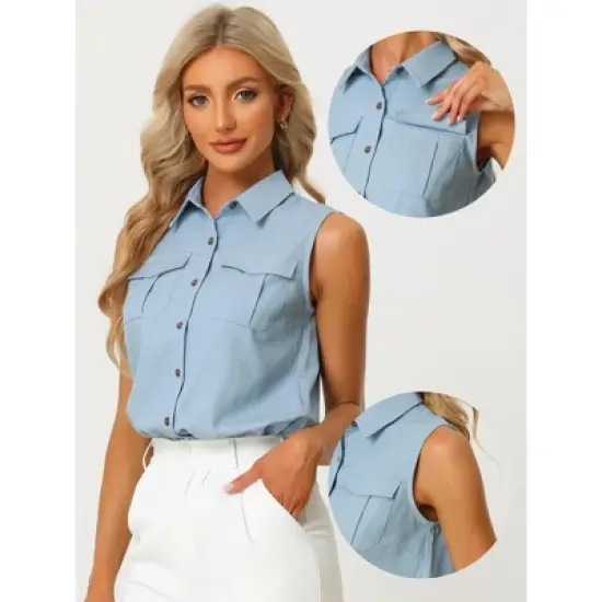 Allegra K Women's Summer Casual Collared Tank Top Button Down Sleeveless Work Shirt image {1}
