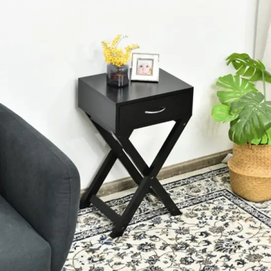 Tangkula Modern Versatile Nightstand X-shape Wooden End Table with Drawer Accent Side Table for Bedroom Black/White image {1}
