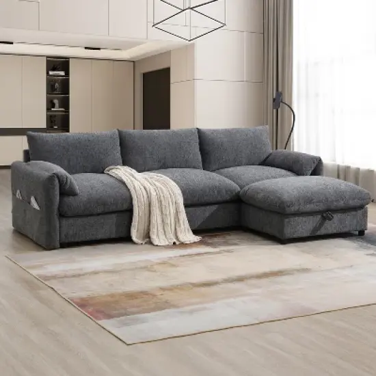 Whisen Oversized Chenille Sectional Sofa with Storage Ottoman and Pockets, Adjustable Phone Holder and Charging Ports image {15}