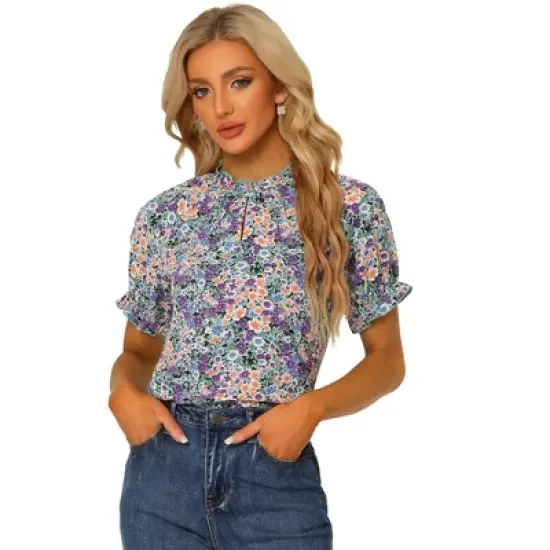 Allegra K Women's Floral Ruffled Short Sleeve Mock Neck Blouses image {12}