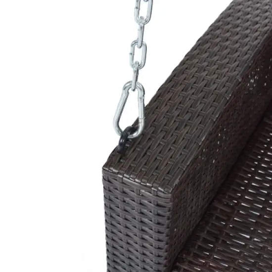 FIONECA 2-Person Wicker Hanging Porch Swing with Cushion & Pillow, Outdoor Rattan Swing Bench with Chains for Garden, Backyard, Pond (Brown/Beige) image {14}