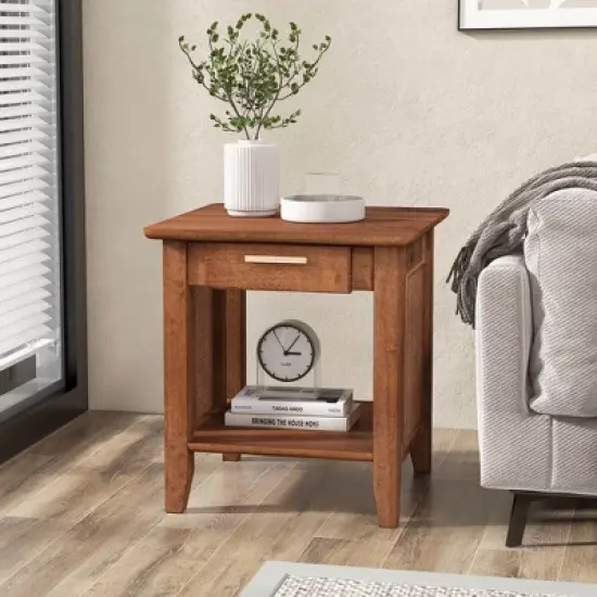 Tangkula 2PCS Boho Style Nightstand 3-Tier Sofa Side End Table w/ Drawer & Shelf Walnut image {1}