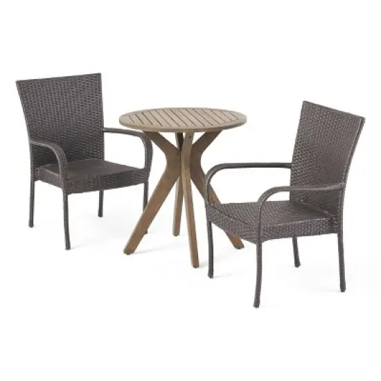 Sanders 3pc Acacia Wood & Wicker Bistro Set - Gray - Christopher Knight Home image {1}