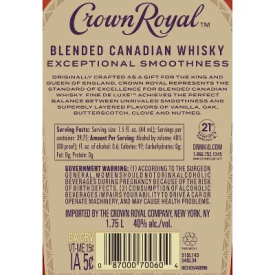 Crown Royal Canadian Whisky - 1.75L Bottle image {3}